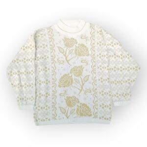 Vintage 80s 90s white sweater gold floral print M turtle neck grannycore